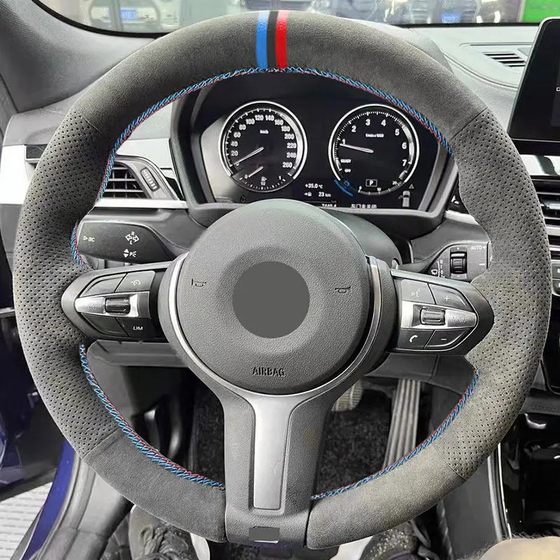 Car Steering Wheel Cover For BMW M Sport F10 F12 F30 F32 F34 F45 F22 F39 F15 F16 F25 F26 1.2mm Suede Leather Trim red blue bar