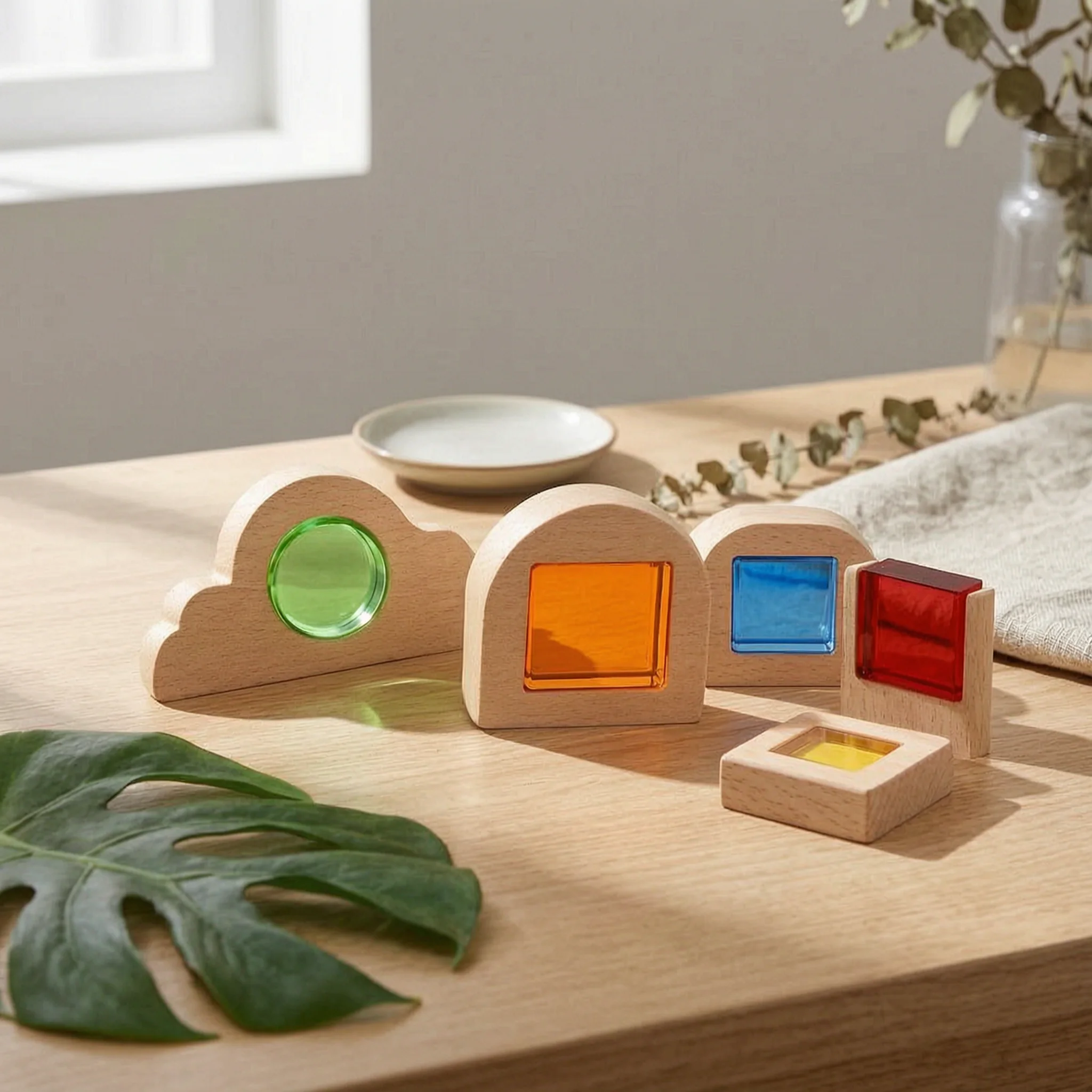 Wooden Building Toy with Acrylic Inserts Translucent Geometric Blocks with Acrylic Stacking Toy Hand-Eye Coordination