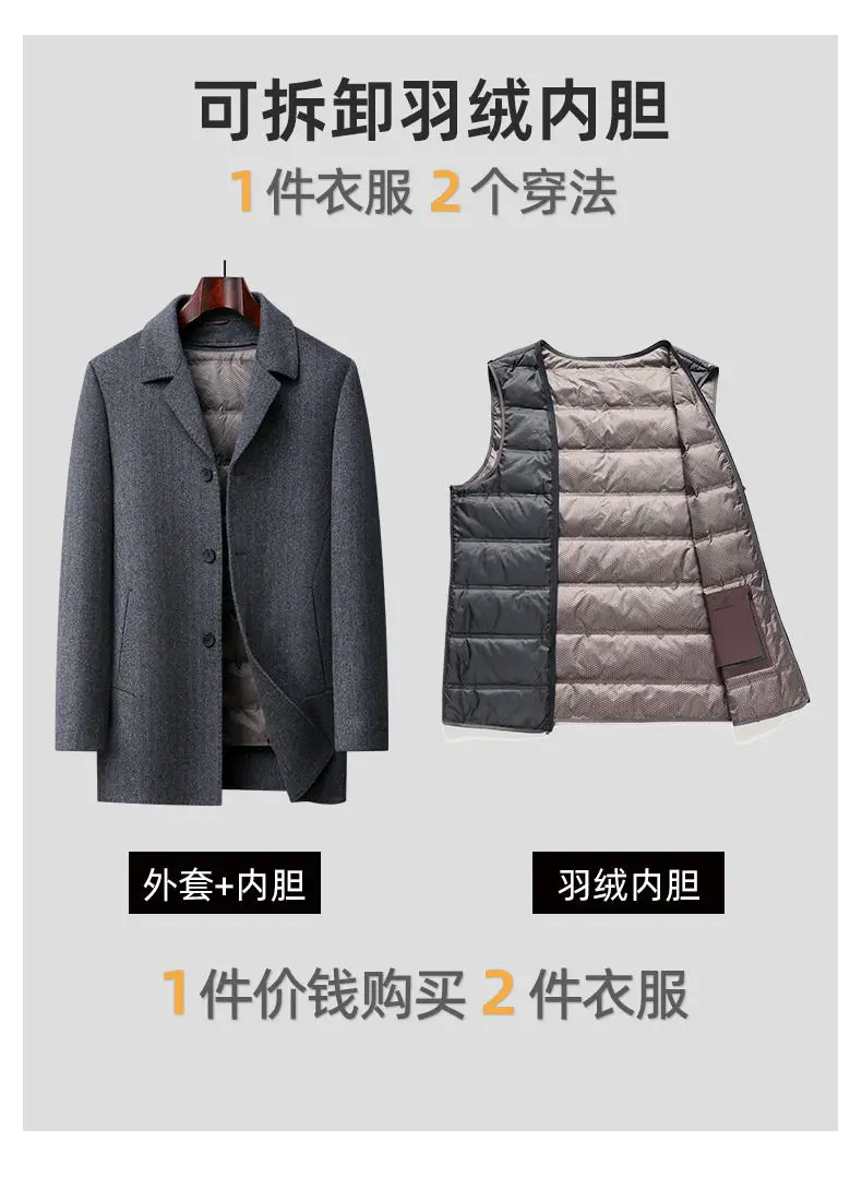 Klassischer Daunen-Wollmantel für Herren, Business-Casual Woll-Windbreaker, Pufferjacke, Dicke Warme Oberbekleidung, Wintermantel – Detail 5
