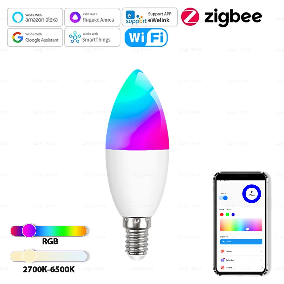 Zigbee Smart Light Bulb WiFi E14 Dimmable Candle Lamp RGB+CW+WW EWelink APP Voice Control Works With Alexa Google Home Alice