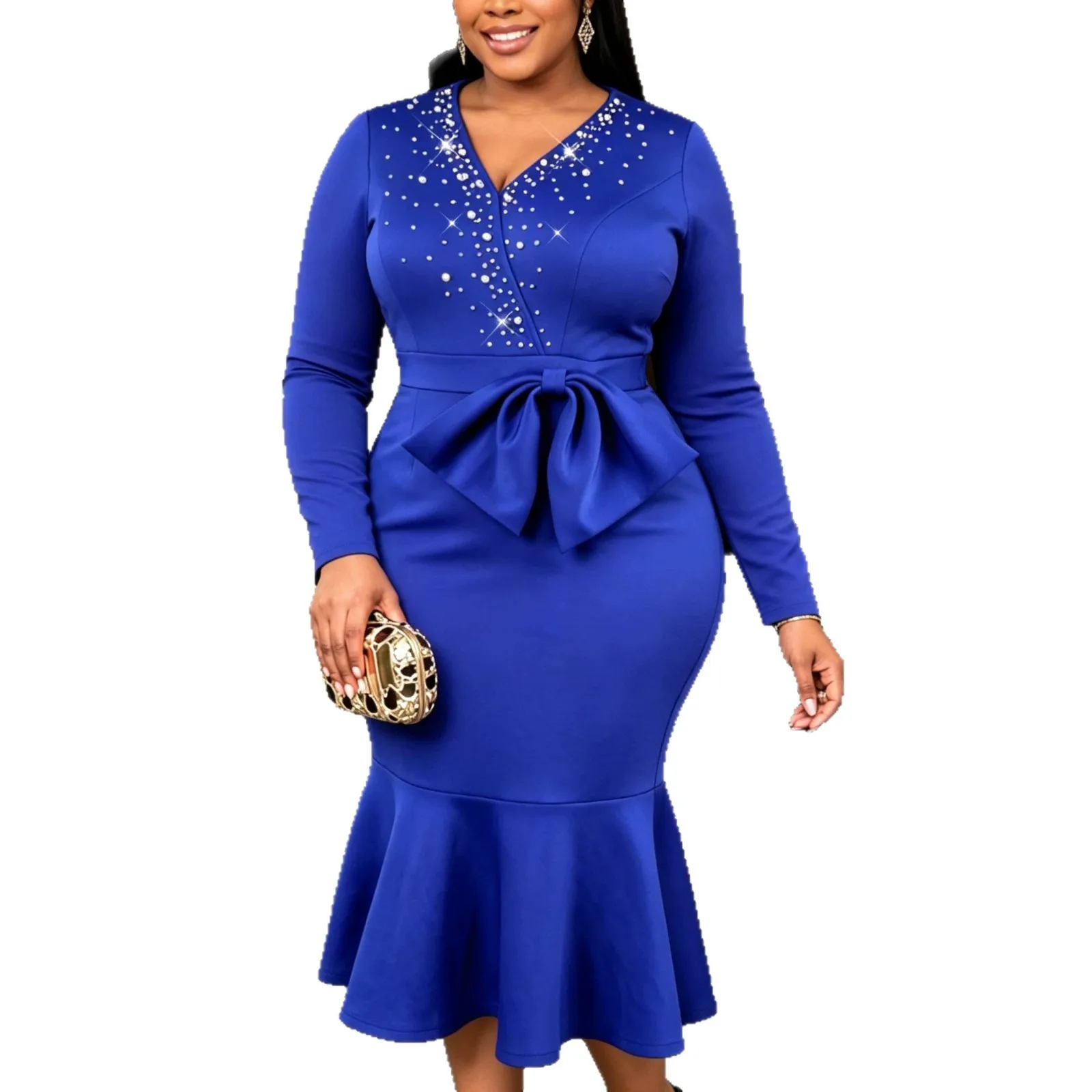 Blue Dashiki African Party Evening Dresses for Women Autumn African Long Sleeve V-neck Bodycon Midi Dress Ankara Dresses