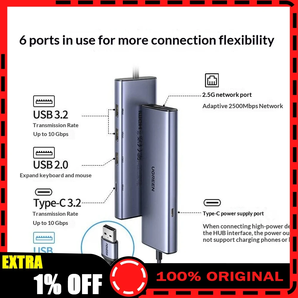 UGREEN 35887 USB-A Hub with 2.5G Ethernet RJ45 10Gbps Data Ports USB-C Auxiliary Power for Laptop Desktop PC