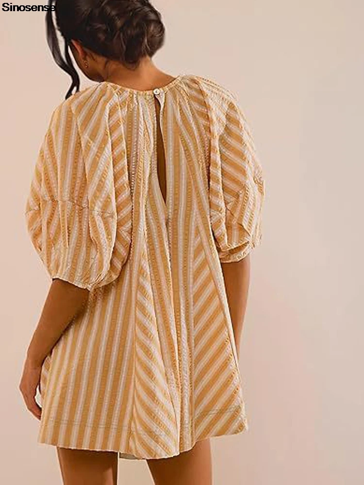 Summer Beach Rompers For Women Casual Loose Striped Puff Short Sleeve Adjustable Neck Wide Leg Oversized Jumpsuit With Pockets