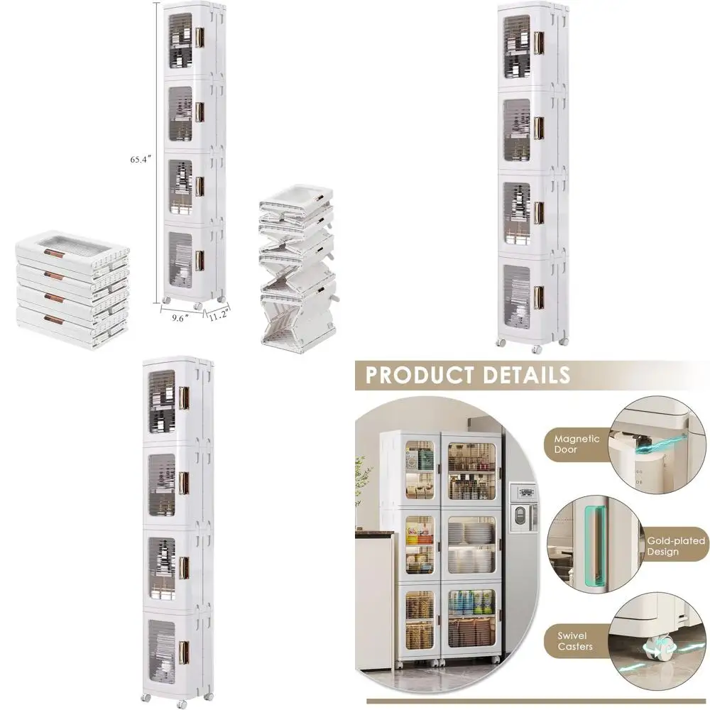 

4-уровневый узкий шкаф для хранения на колесиках с регулируемыми полками, защитой от опрокидывания, магнитными дверцами, идеально подходит для небольших помещений