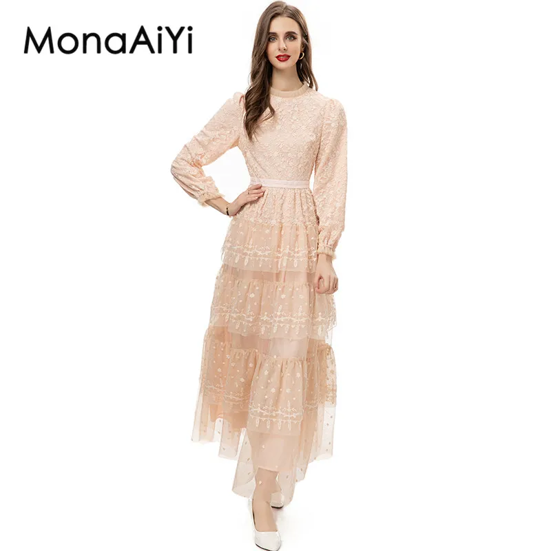 

MonaAiYi HIGH QUALITY Spring Runway Fashion Dress Women's Round-Neck Floral Applique Lantern Sleeves Elegant Holiday Dresses