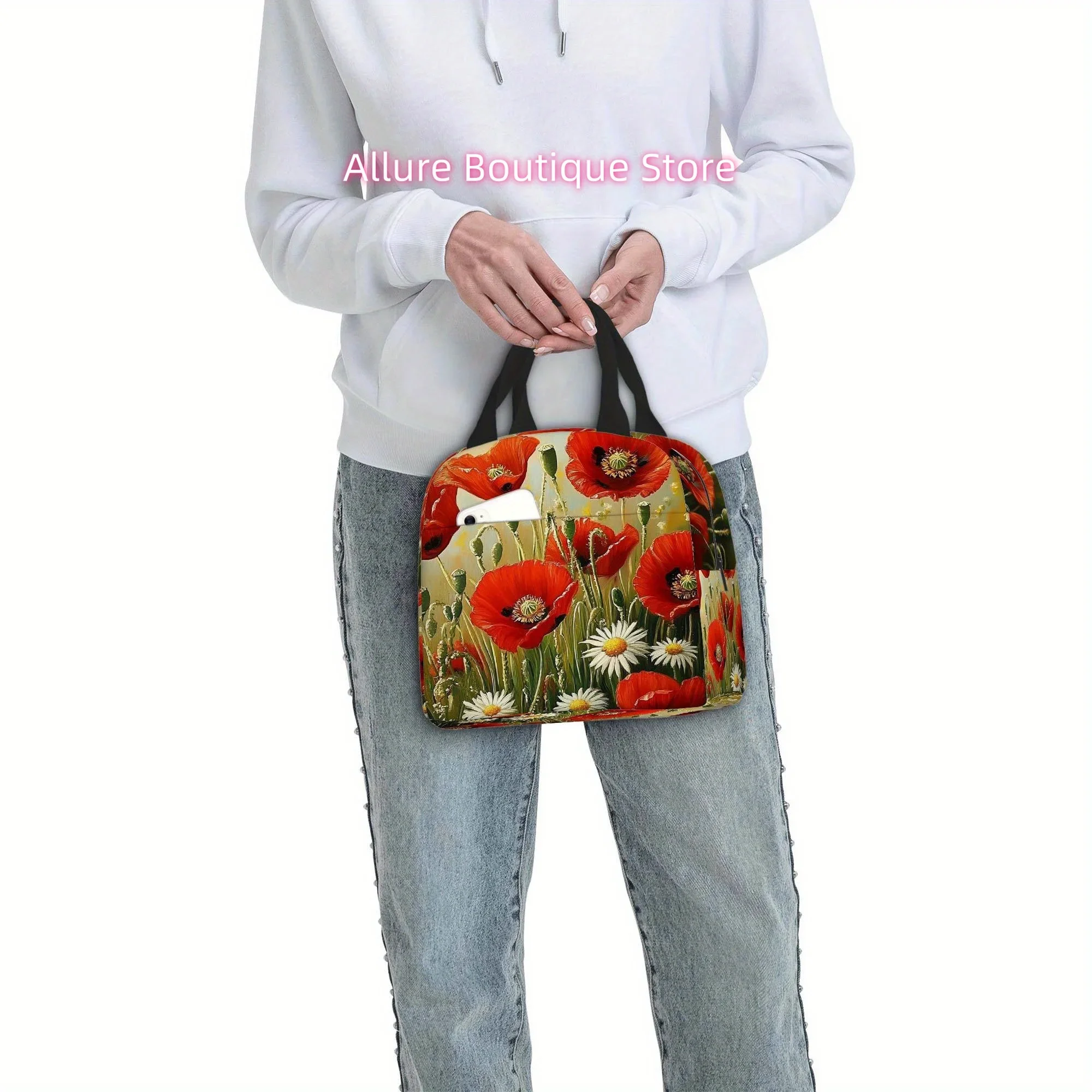 1pc, Featuring Red Poppies And White Daisies in a Field. This Is a Printed Thermal Bag Designed for Insulation, Not Intended for