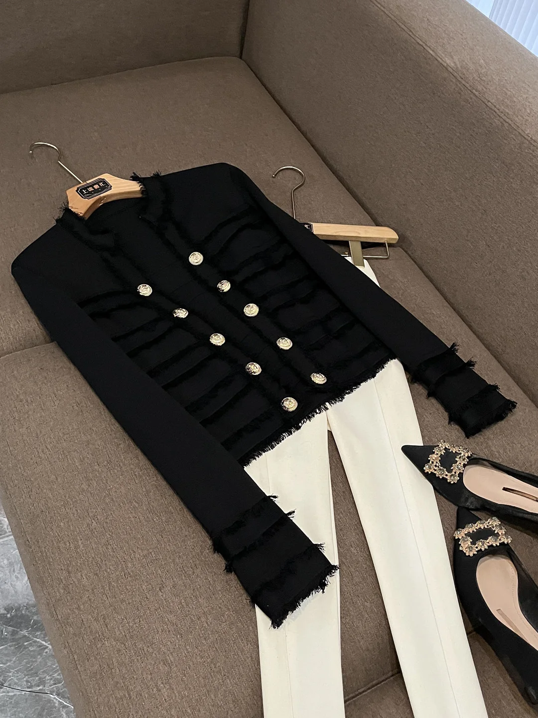 2025 novo faionable franjas fileira dupla metal bule ort jaet commute outerwear ele personali camisola feminina