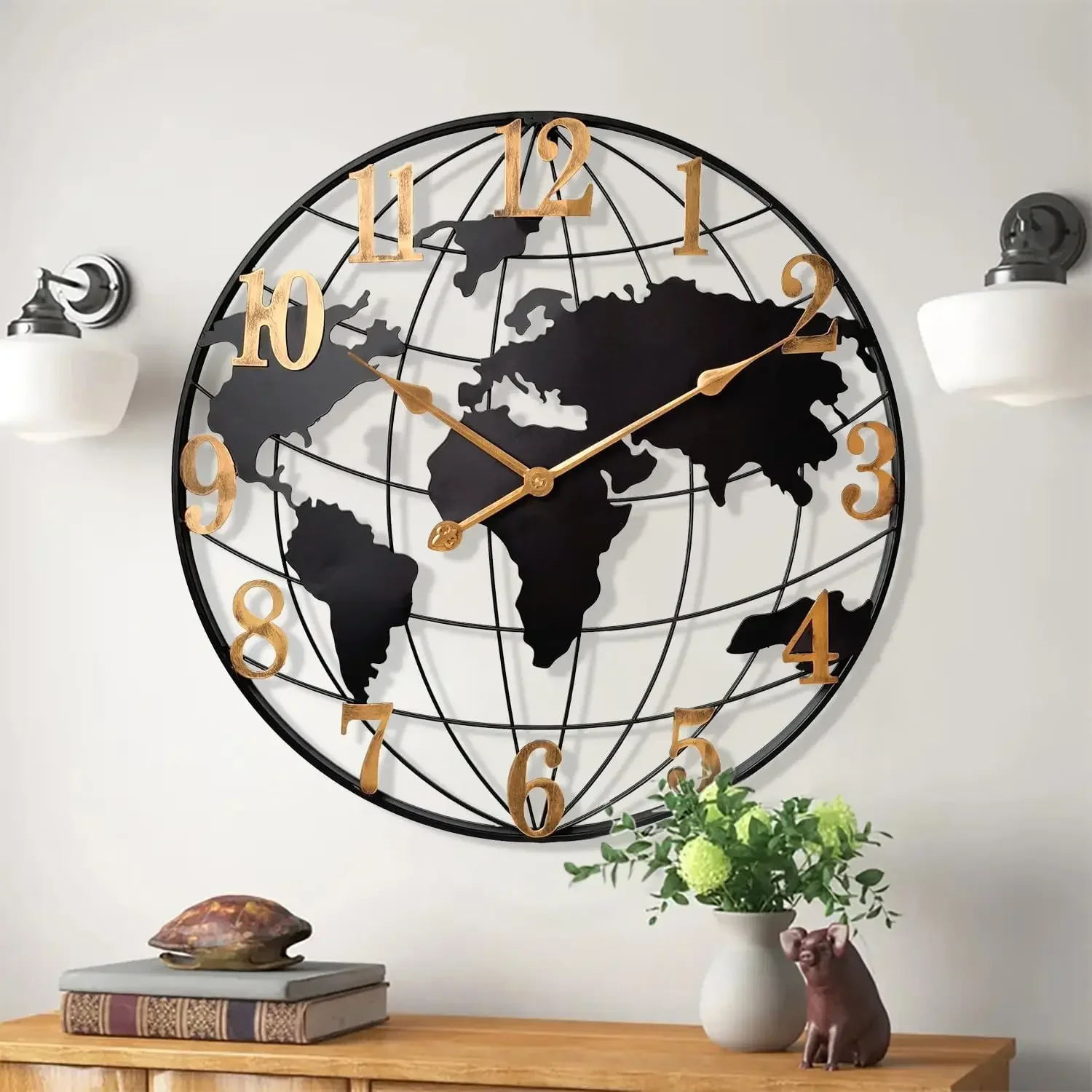 24 Inch Large Map Wall Clock Metal Minimalist Modern Clock Round Silent Non-Ticking Battery Operated Wall Clocks for Living Room