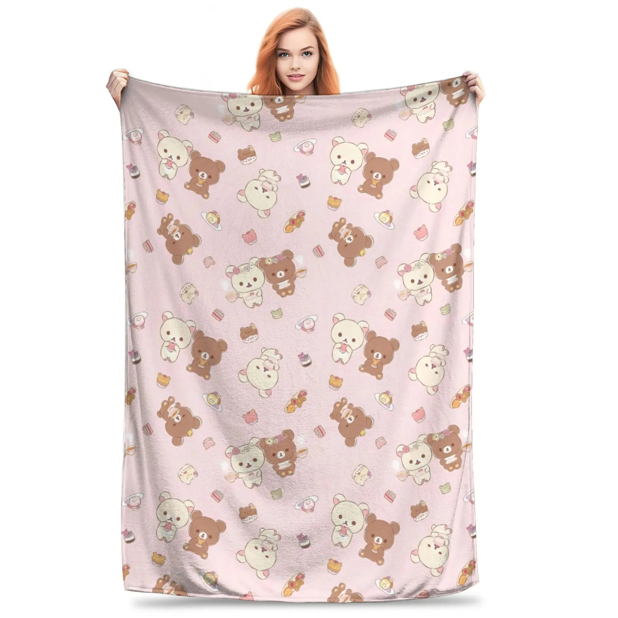 Light Pink Dessert & Little Bear All‑Over Print Fleece Throw Blanket Sweet Cute Style Soft Warm Blanket for Dorm Bedroom Daily Use