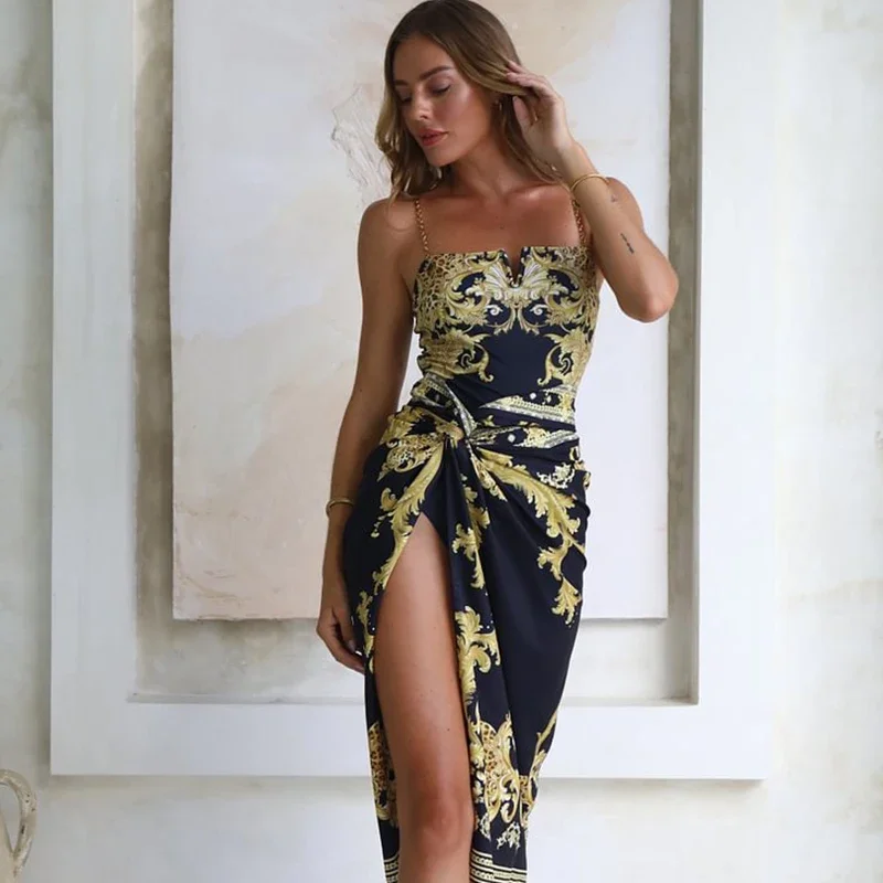 Women 2Pcs Black Gold Baroque Print Metal Chain Small V-neck Swimsuit Set Vintage Printed One Piece Monokini And Long Skirt