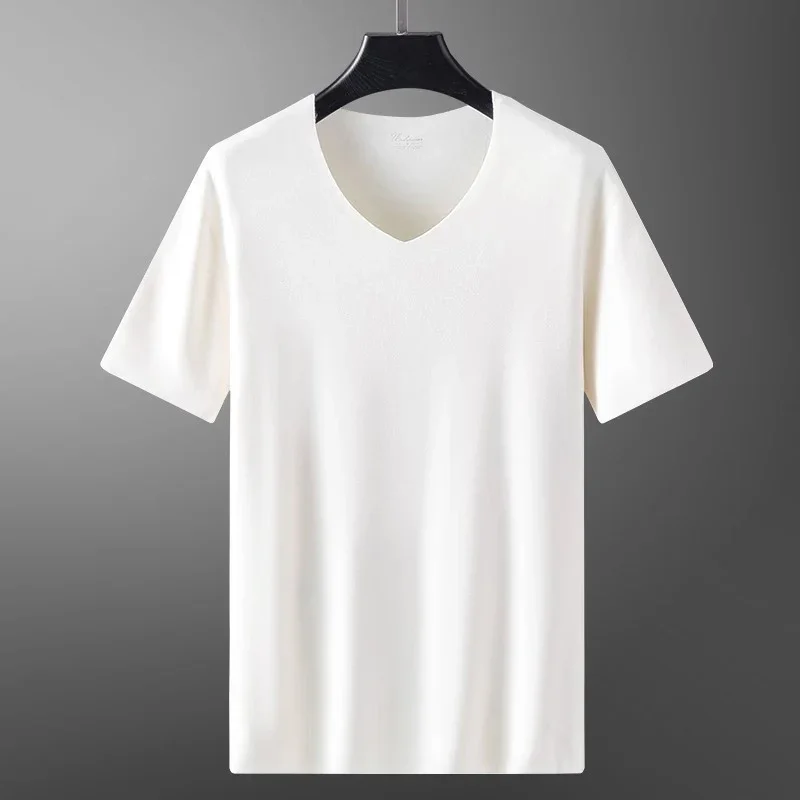 

Men Thermal Underwear Tops Soft Feather Protein Seamless Thickened Short Sleeve Luxury Slim V-Neck Bottom Shirt Warm Pullover