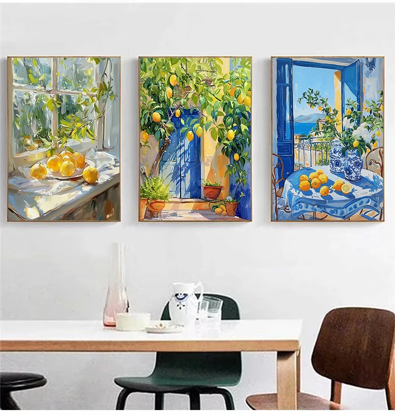 Mediterranean Summer Lemon Tree Fruits Still Life Coastal Landscape Poster Canvas Painting Wall Art Pictures Home Kitchen Decor