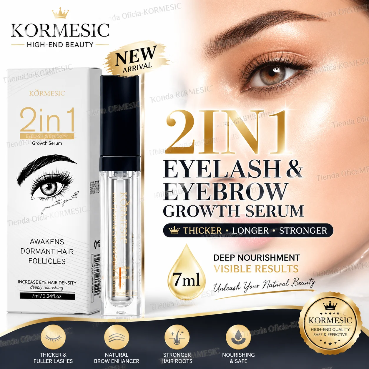 KORMESIC High-End White New Packaging Fashion Style Thick Curly 2 in 1 Eyelash&Eyebrow Essence Liquid 7ml