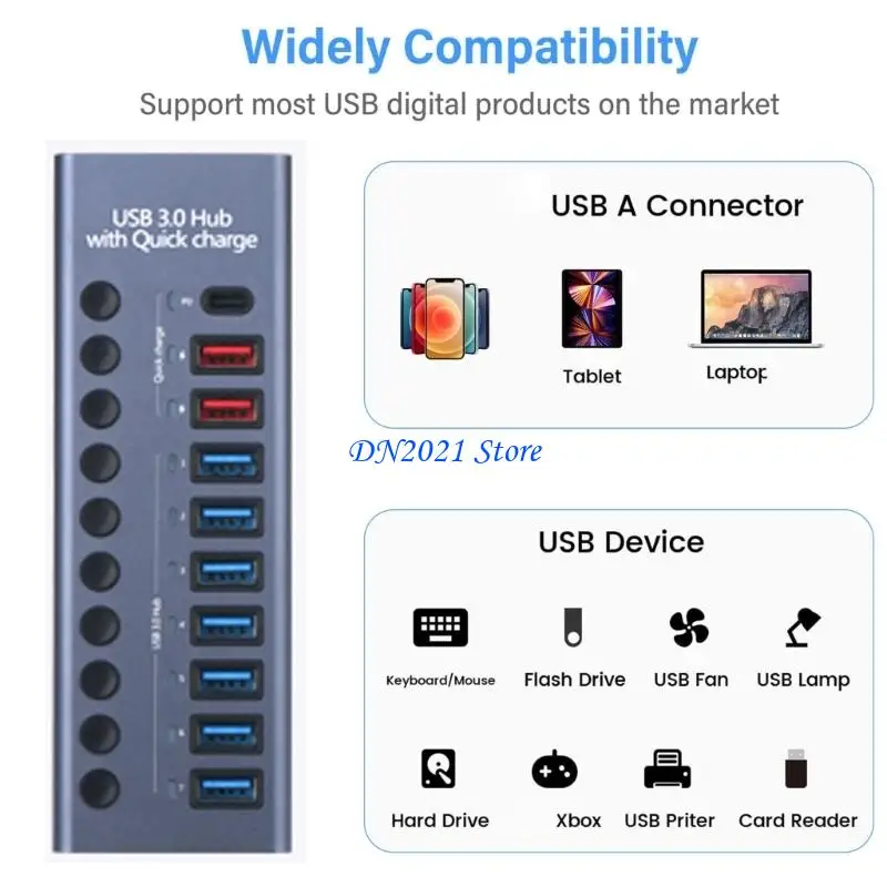 F3KE Aluminum USB C Hub Splitter,10 Port USB C Expander with On/Off Switch & Power Adapter 5Gbps High Speed Data Transfer