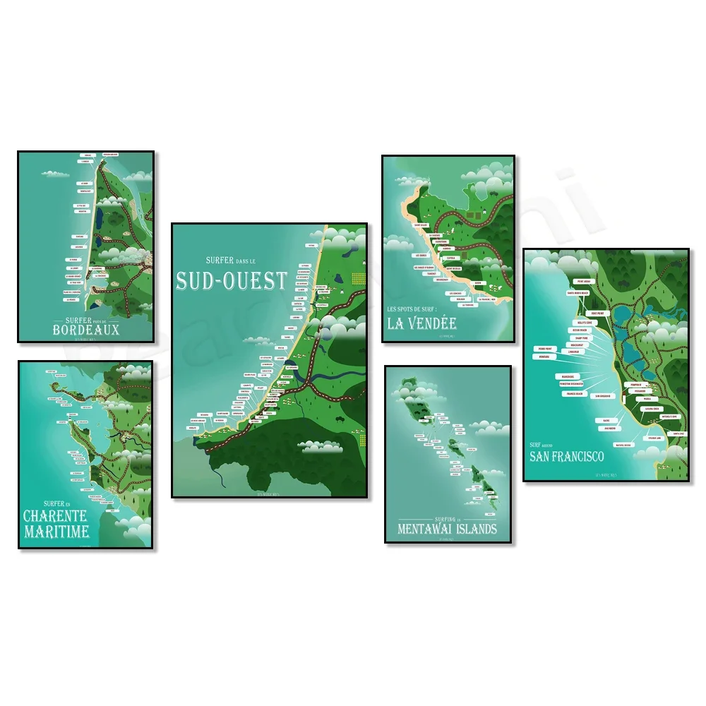 Martinique, Bordeaux-Gironde, France, Guadeloupe, Brittany, Basque Country, Bali Uluwatu surf map poster, gift for surfers