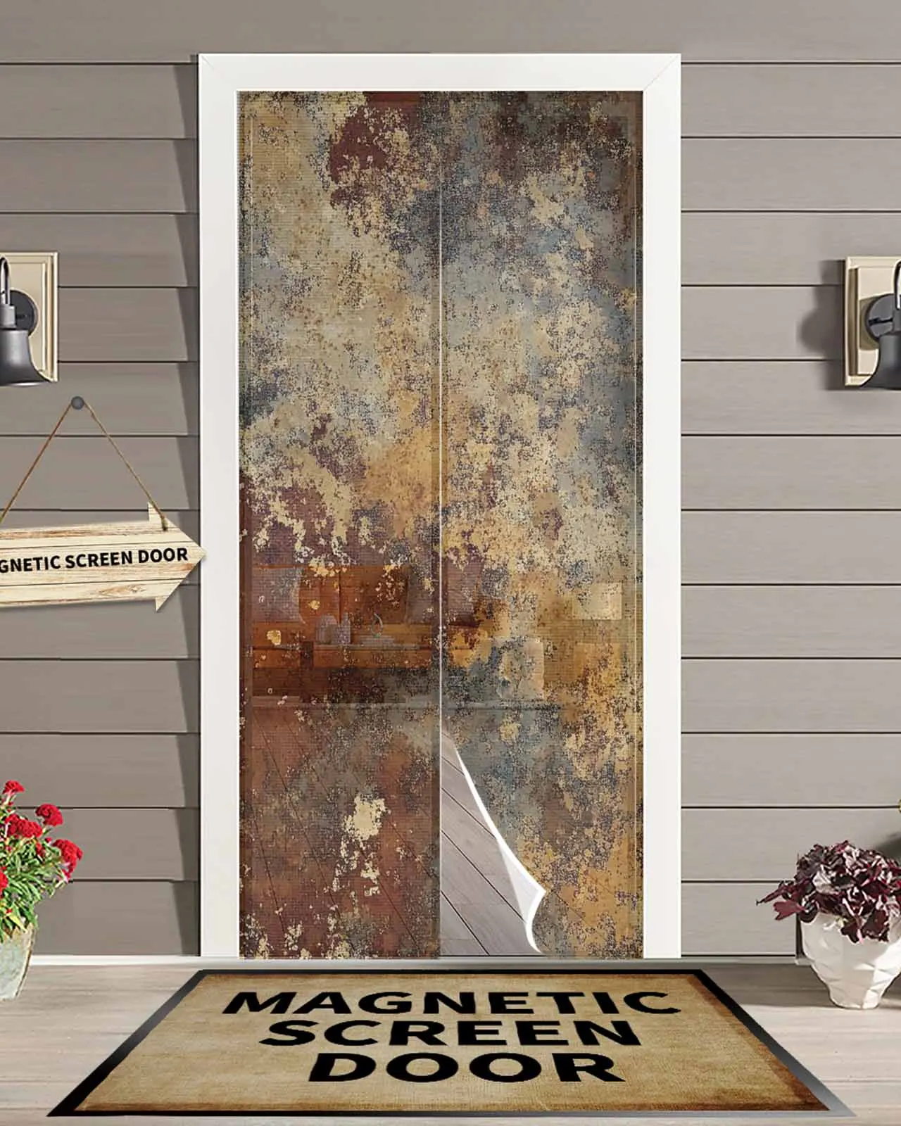 

Винтажная абстрактная ржавчина, потертая магнитная дверная занавеска для гостиной, спальни, дома, антимоскитная занавеска для двери