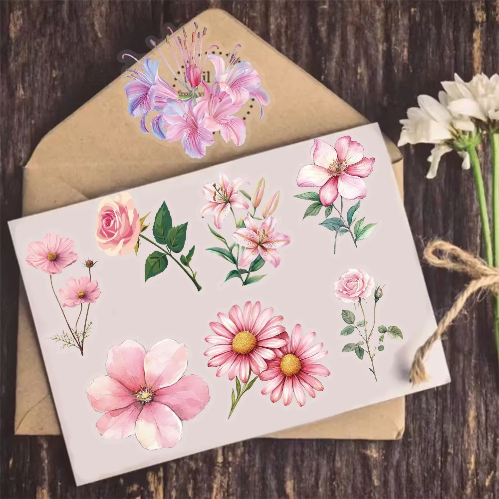 50 pezzi di serie di fiori rosa adesivi decorativi divertenti in PET materiali decorativi adesivi giocattolo per computer tablet impermeabili fai da te