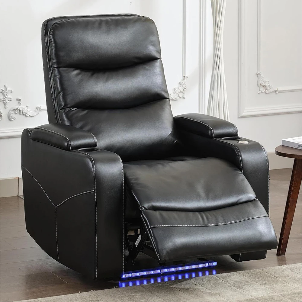 Power Recliner Chair With LED Light, USB Port, Cup Holder Tray Table Faux Leather Electric Reclining Chair Home Theater Seating