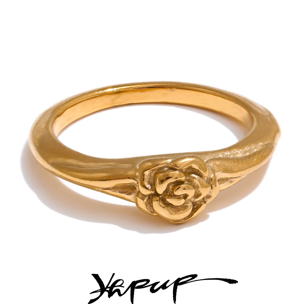 Yhpup 678# Fashion Stainless Steel Rose Flower Women Integrated Ring 2024 Gold Silver Color Jewelry Wholesale Accessories Gift