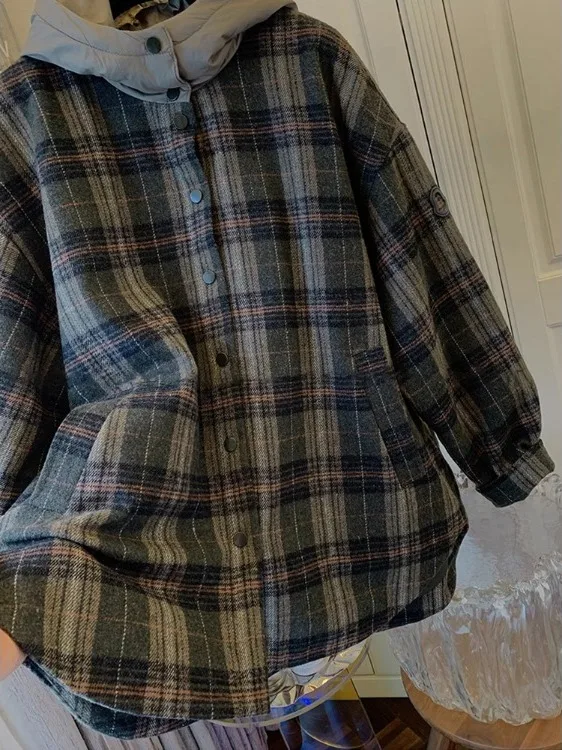 فريد منقوشة الصوفية مقنعين عادية القطن Jaet فضفاضة تناسب Thiened طويلة Sve Ladylike Commute Sle معطف الشتاء المرأة