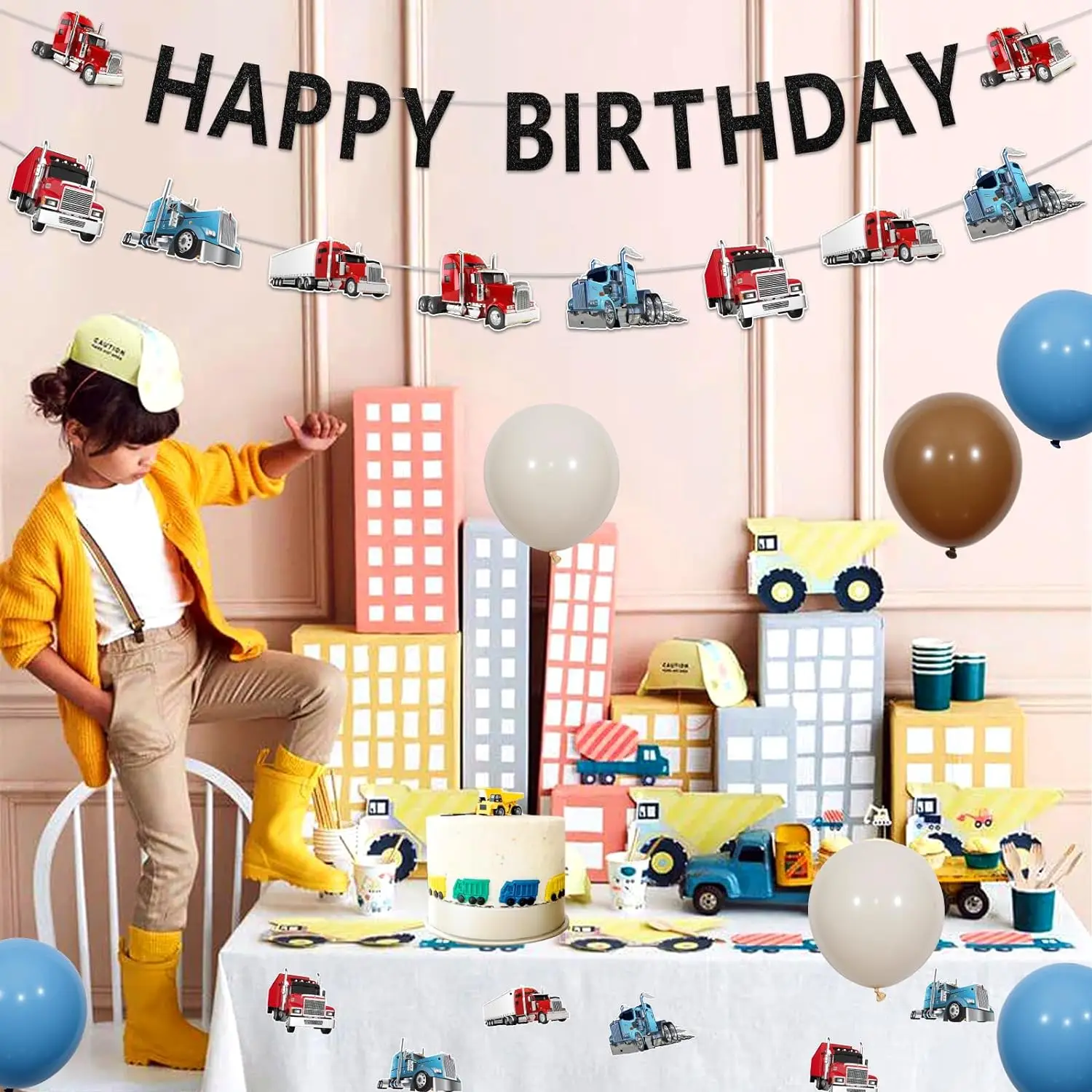 Construction Birthday Banner Truck Happy Birthday Garland Heavy Truck Semi Truck for Transportation Theme Party Baby Shower