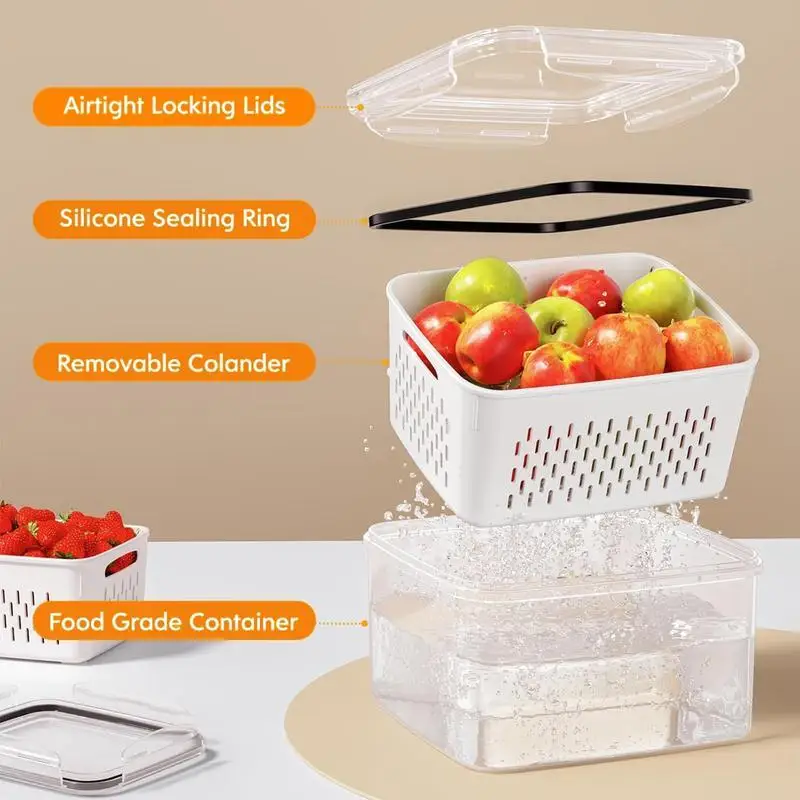 5Pcs Kitchen Food Storage Containers Airtight Refrigerator Organizer Bins Vegetable Fruit Fresh Keeping Box with Removable Drain Colander Strainer Plastic Fridge Produce Keeper for Berries Pantry Organization