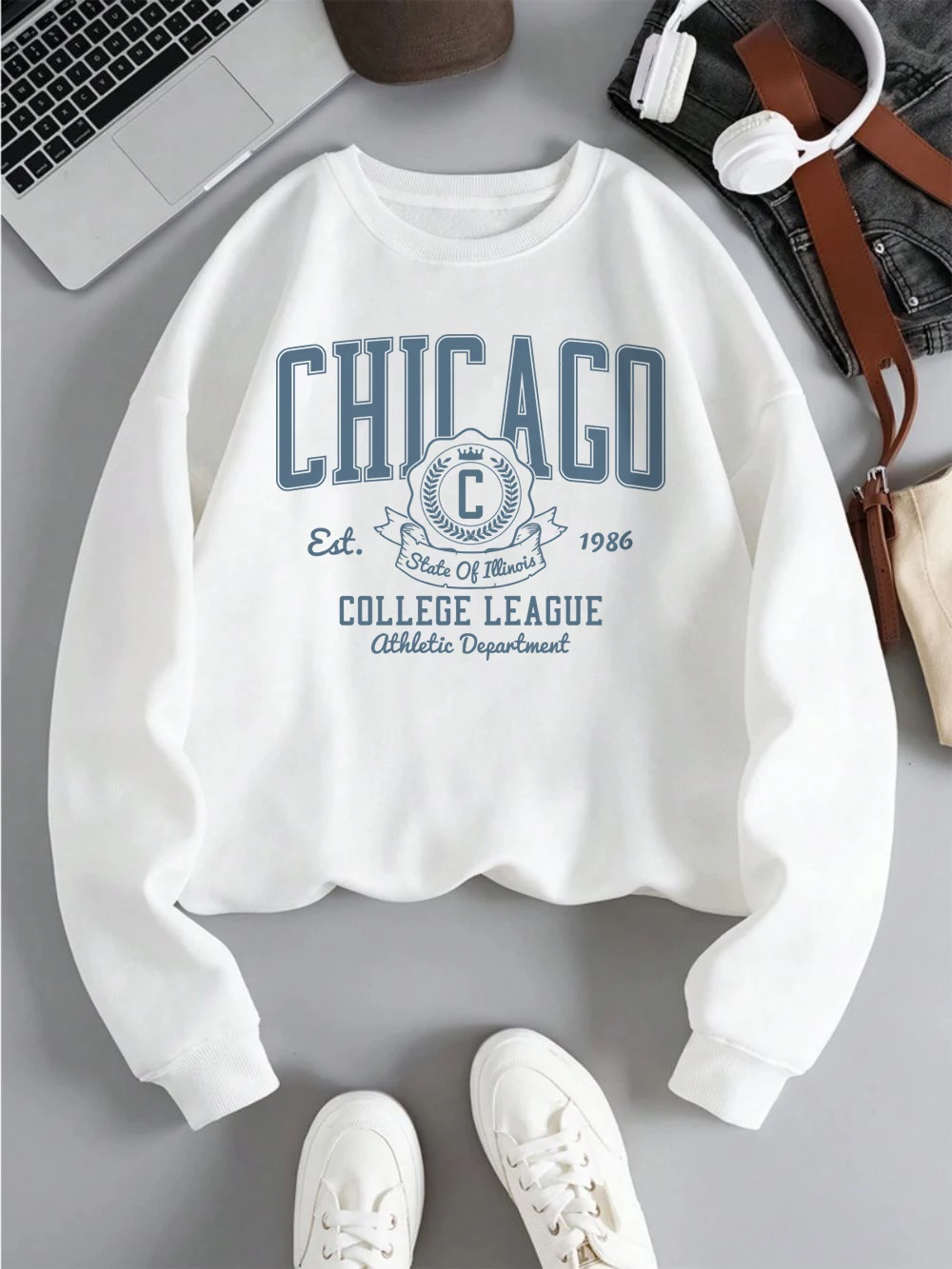 Chicago Sweatshirts Women College League Letter Prints Hoodies Loose Fleece Warm Crewneck Clothes Winter Sporty Womans Pullover