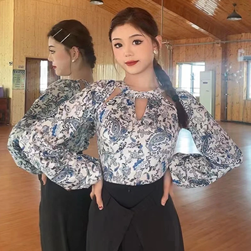 Lantern Sleeve Floral Ballroom Dance Clothes Autumn Waltz Dancing Stage Costume Women Tango Dance Performance Wear DL11364