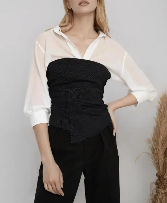 

Slim Fit Women's Shirt Summer New Style See Through Mesh Splicing Checkered Printing Fashionable British Long Sleeved Shirt