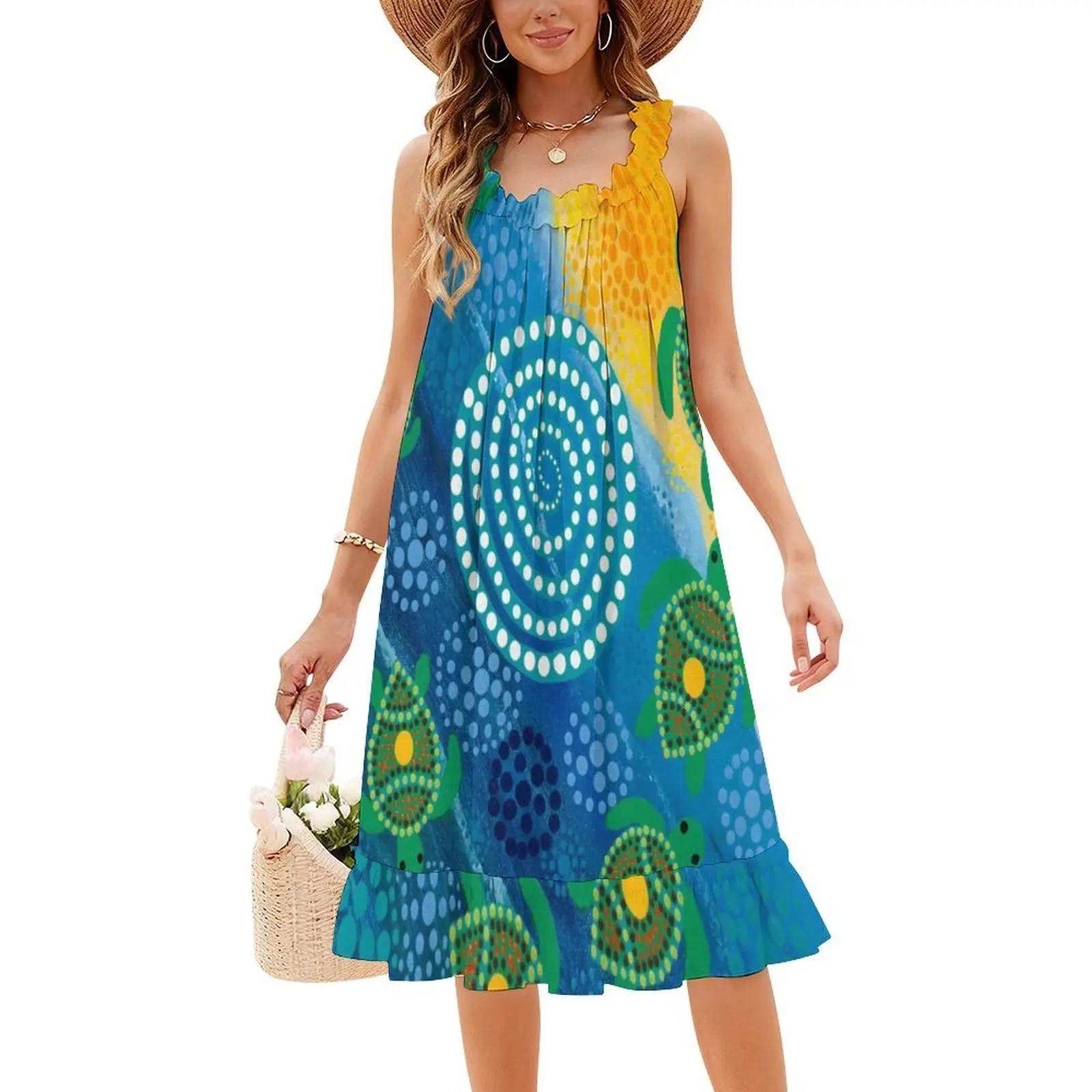 Turtle Circle Of Life Bohemian Sleeveless Dress Multi-Print Beach Vacation Party Dress Turtle Ocean Ocean Life Dot Art Evening