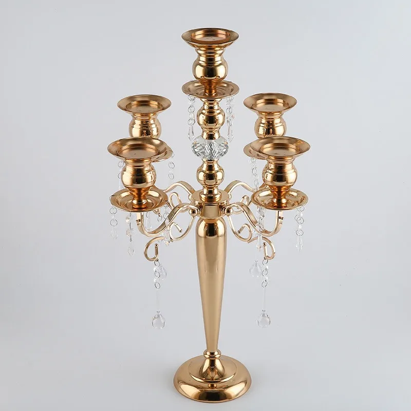5-Arms Hand-Polished Iron Crystal Candelabra Gold European Luxury Wedding & Christmas Candle Holder