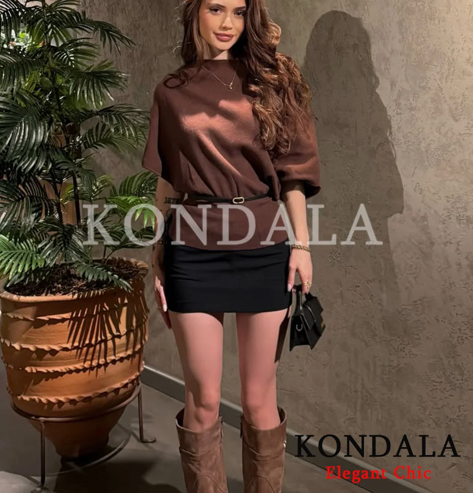 เสื้อไหมพรมสีน้ำตาลทรงหรูหรา คอทรงโอ แขนสั้น พร้อมเข็มขัด แฟชั่นผู้หญิง ฤดูใบไม้ผลิ ฤดูใบไม้ร่วง ปี 2026 เสื้อสำหรับสุภาพสตรีทำงาน