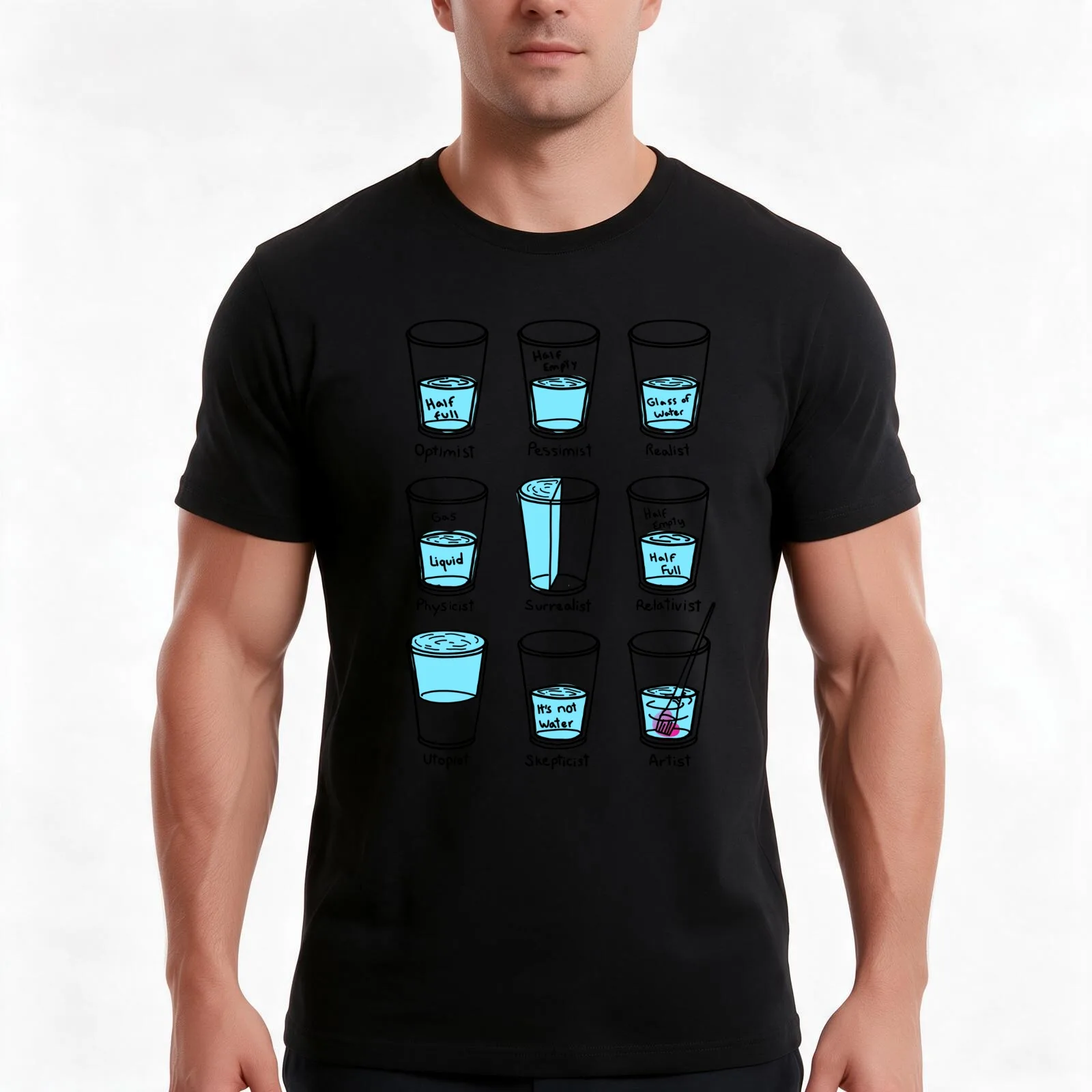 Glass half empty meme - Artist edition T-Shirt, Summer Casual Cotton Tee, Oversized Streetwear Tops, Vintage Graphic Print