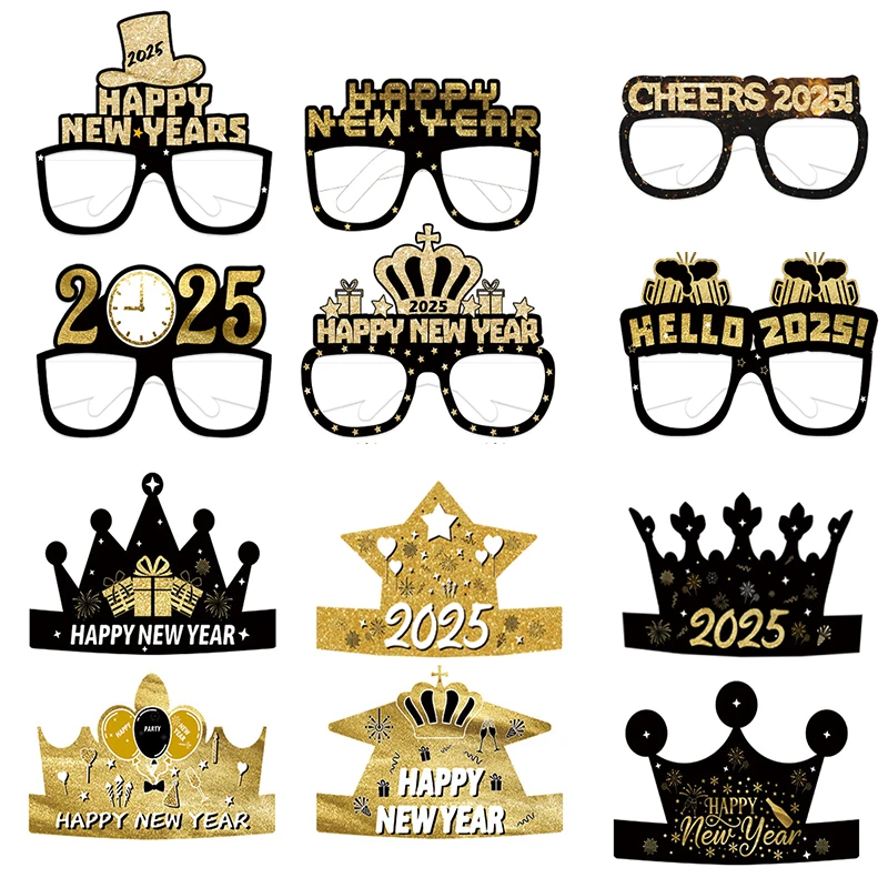 6/12Pcs 2025 Happy New Year Paper Black Gold Hats Glasses Set DIY Christmas Party Decoration New Year Navidad Gifts