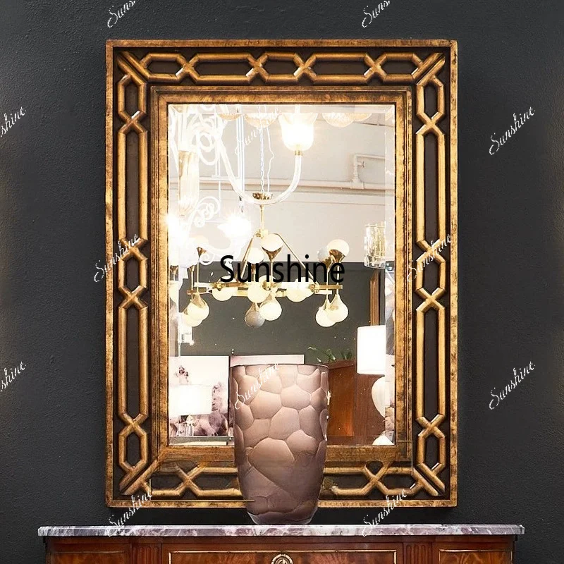 Entryway wall hanging mirror, American living room feature wall, wood-carved wall mirror, decorative mirror