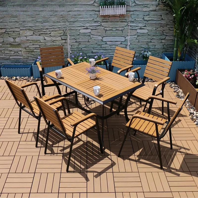 

Outdoor simple casual multi-person dining table indoor and outdoor living room bar plastic wood waterproof sunscreen table chair