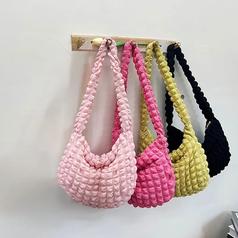 Crossbody Bag With Pleated Design Embroidered Plaid Shoulder Bag Underarm Bags Simple Large Capacity Quilted Tote Bags For Women