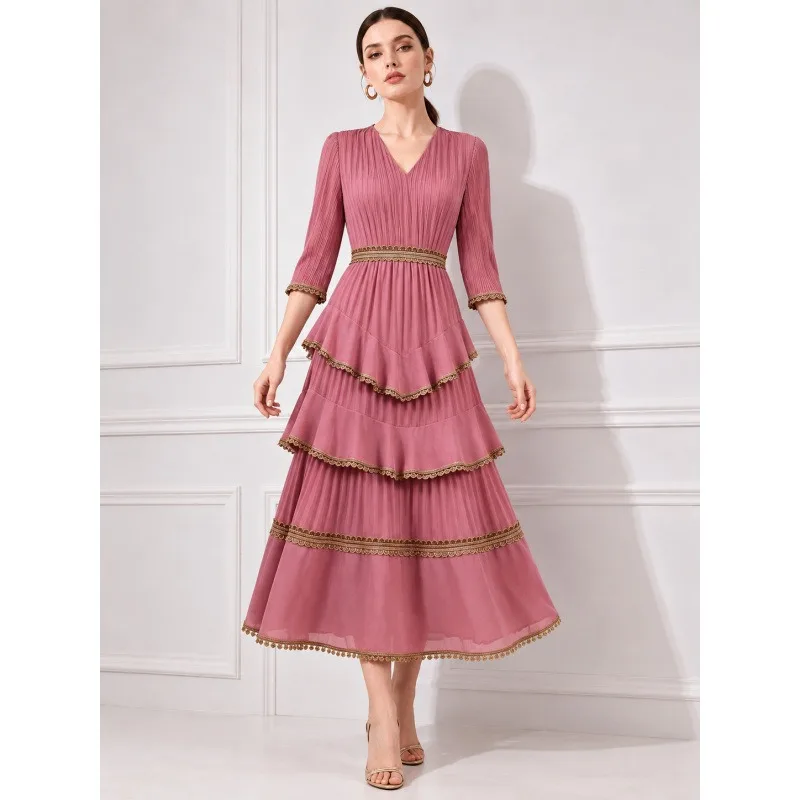 2026 Women's Dress New Style Pleated V-Neck Gold Lace Trim Three-Quarter Sleeve Multi-Layer Cake Dress Waist-Cinching Long Dress