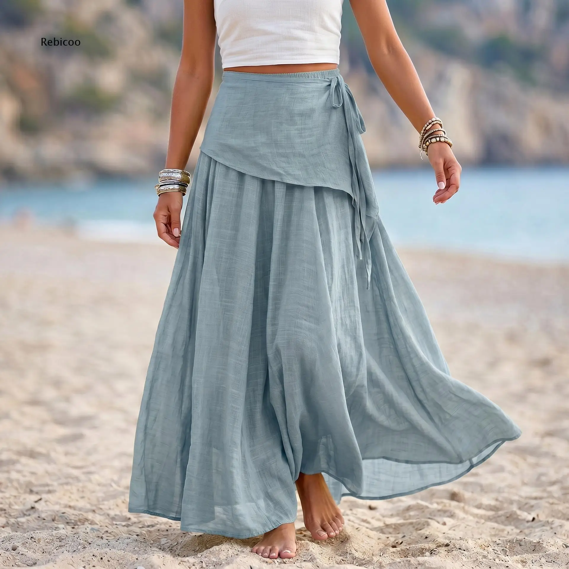 Ladies Side Tie Wrap Long Maxi Skirt Elastic High Waist Lightweight Flowy Skirt For Beach Activities And Holiday Daily Occasions