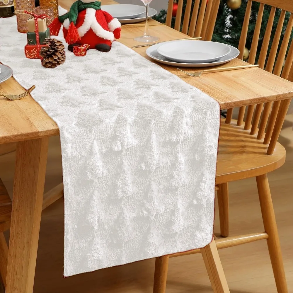 

Plush Embroidered Christmas Tree Table Runner Embossed Design Long Christmas Table Cover Rectangular Dining Tablecloth Festive
