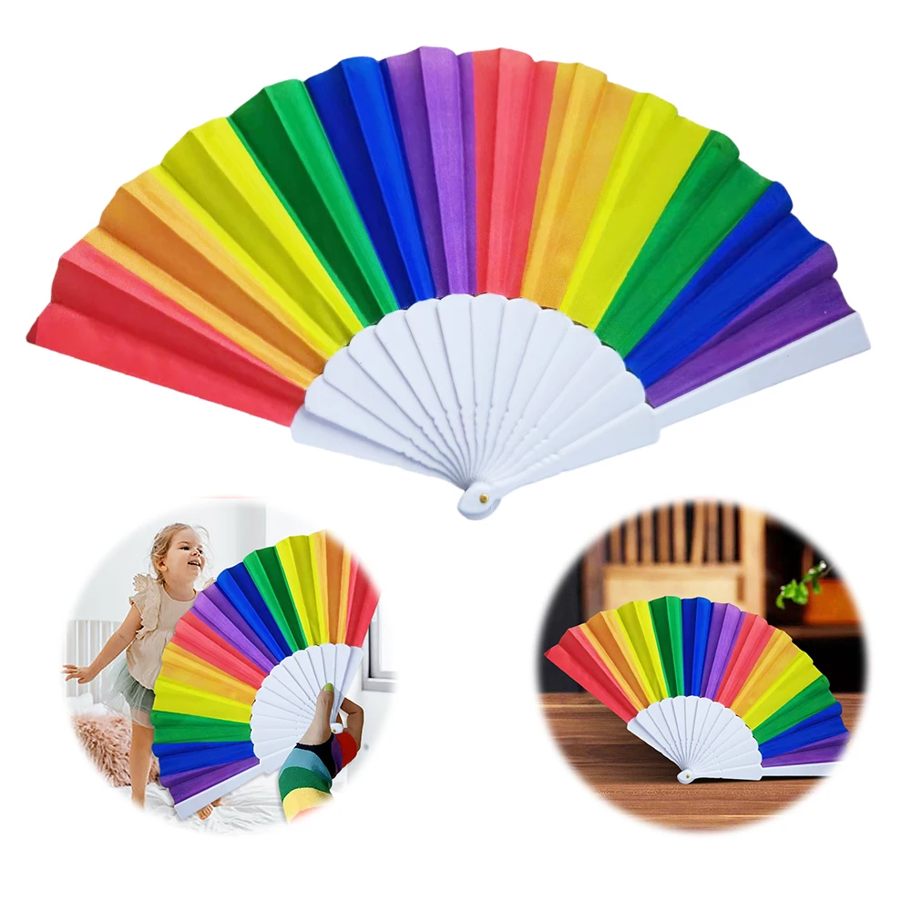 6Pcs Rainbow Hand Fan Party Folding Fans 7 Inch Portable Handheld Fan Colorful Dance Fan Large Clack Fan Rave Accessories