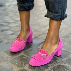 Fringed Metal Buckle Women's Single Shoes Chunky Heels Rose Pink Pumps Shoes