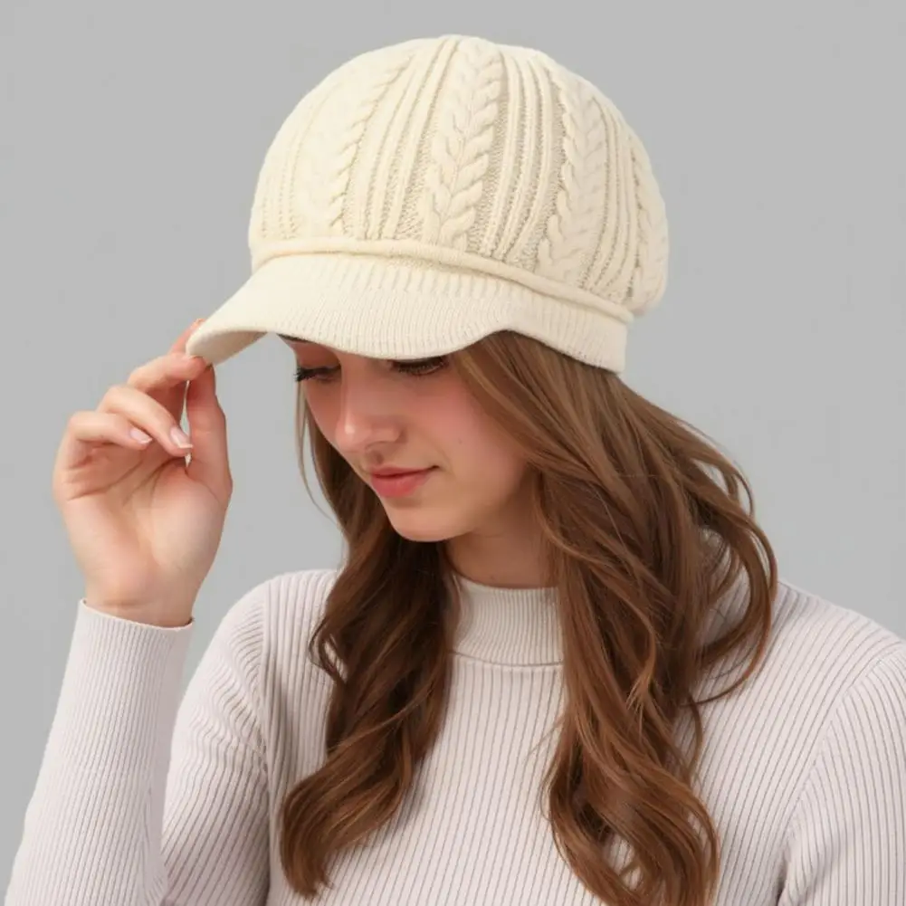 Fleece Lined Bucket Hat Comfortable Elastic Knit Hat Winter Knitted Peaked Cap with Visor Women’s Fleece Lined Brimmed Hat