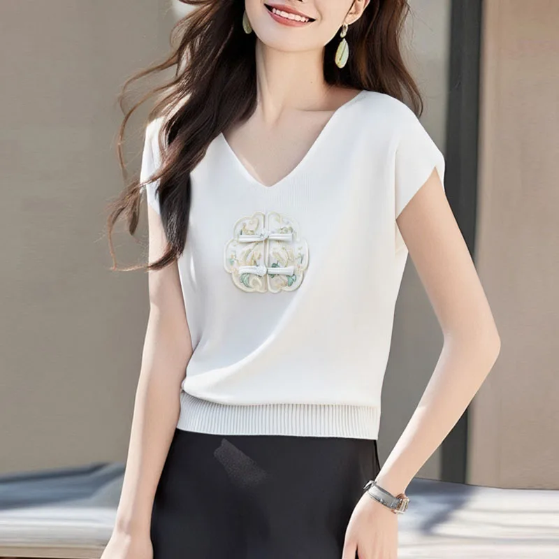 스웨터 브이넥 자수 니트 스웨터 여성 풀오버 패션 반팔 니트 스웨터 풀오버 여성 탑 니트웨어 Q2527