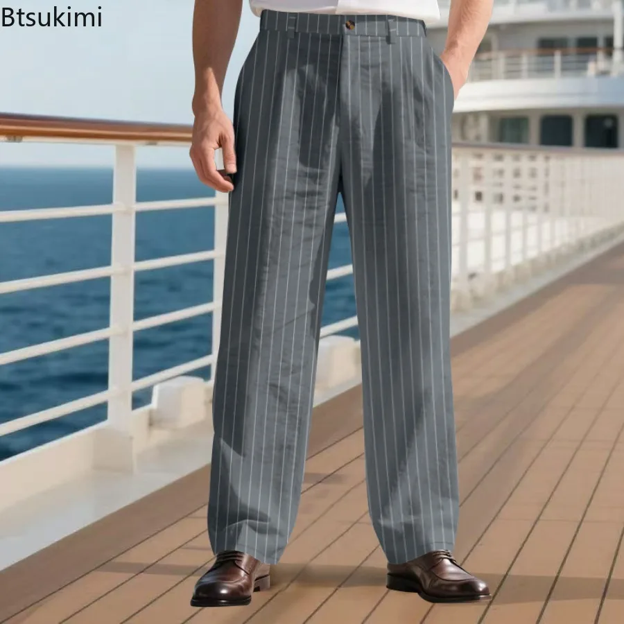 Men's Casual Pants Summer Thin Imitation Hemp Small Square Loose Beach Straight Sports Trousers Comfortable Breathable Garment