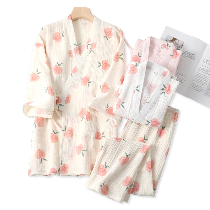 Kimono Pajamas women's Wash Cotton Yarn Seven Quarter Sleeve Trousers Peach Spring Sweat Steamed Home Wear Comfortable Casual