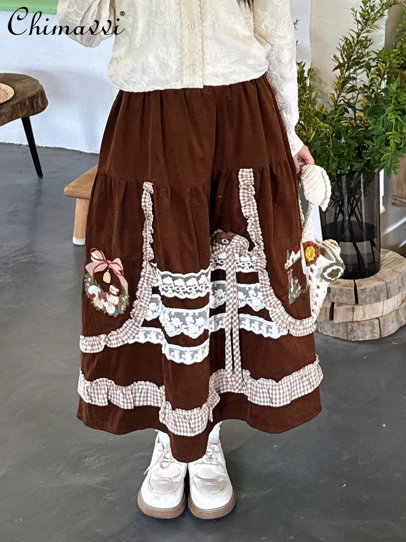 

Sweet Girl Vintage Mesh Lace Mid-Length Skirt Autumn and Winter New Fashion Thick Corduroy Bear Embroidery Long Skirts