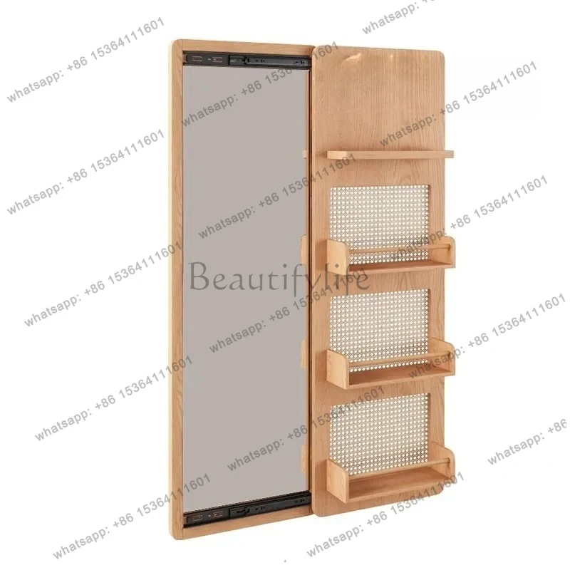 Japanese-style solid wood full-body mirror, simple wall-mounted makeup, multi-functional hidden push-pull storage fitting mirror