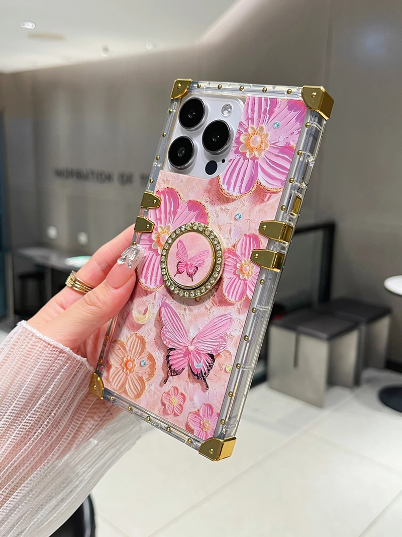 3D Oil Painting Butterfly Flowers Case for iPhone 16 Pro Max 15 14 13 12 11 Finger Ring Stand Protective Funda S24 Ultra