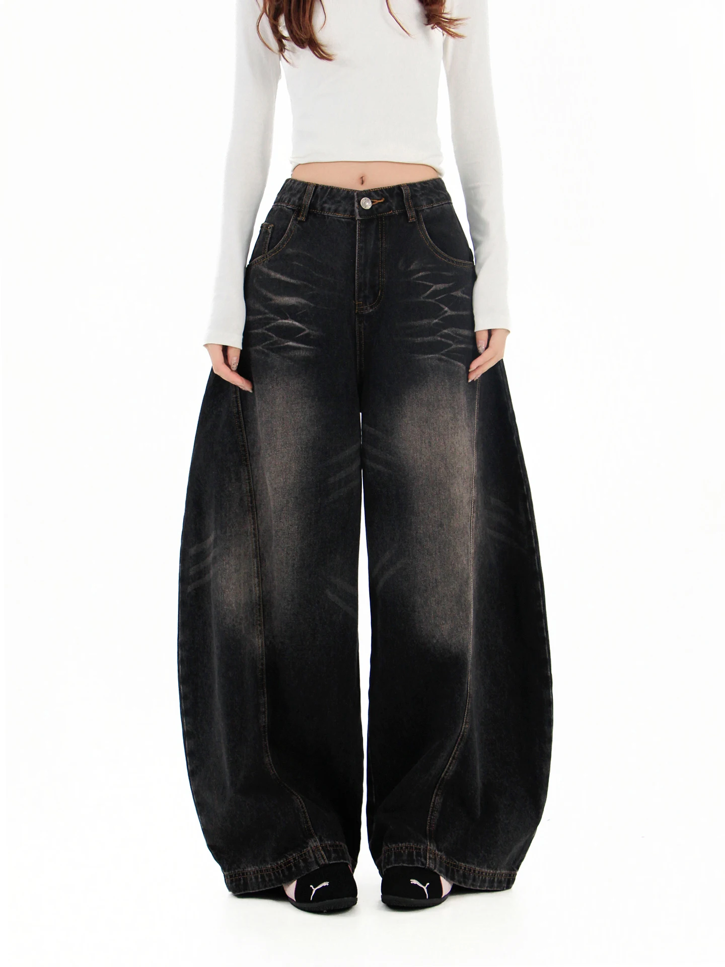 

Hygge Chen American Retro Bla Waed Wide Leg Jeans Men Women Loose Floor-Length Trousers Casual Sle l Waist